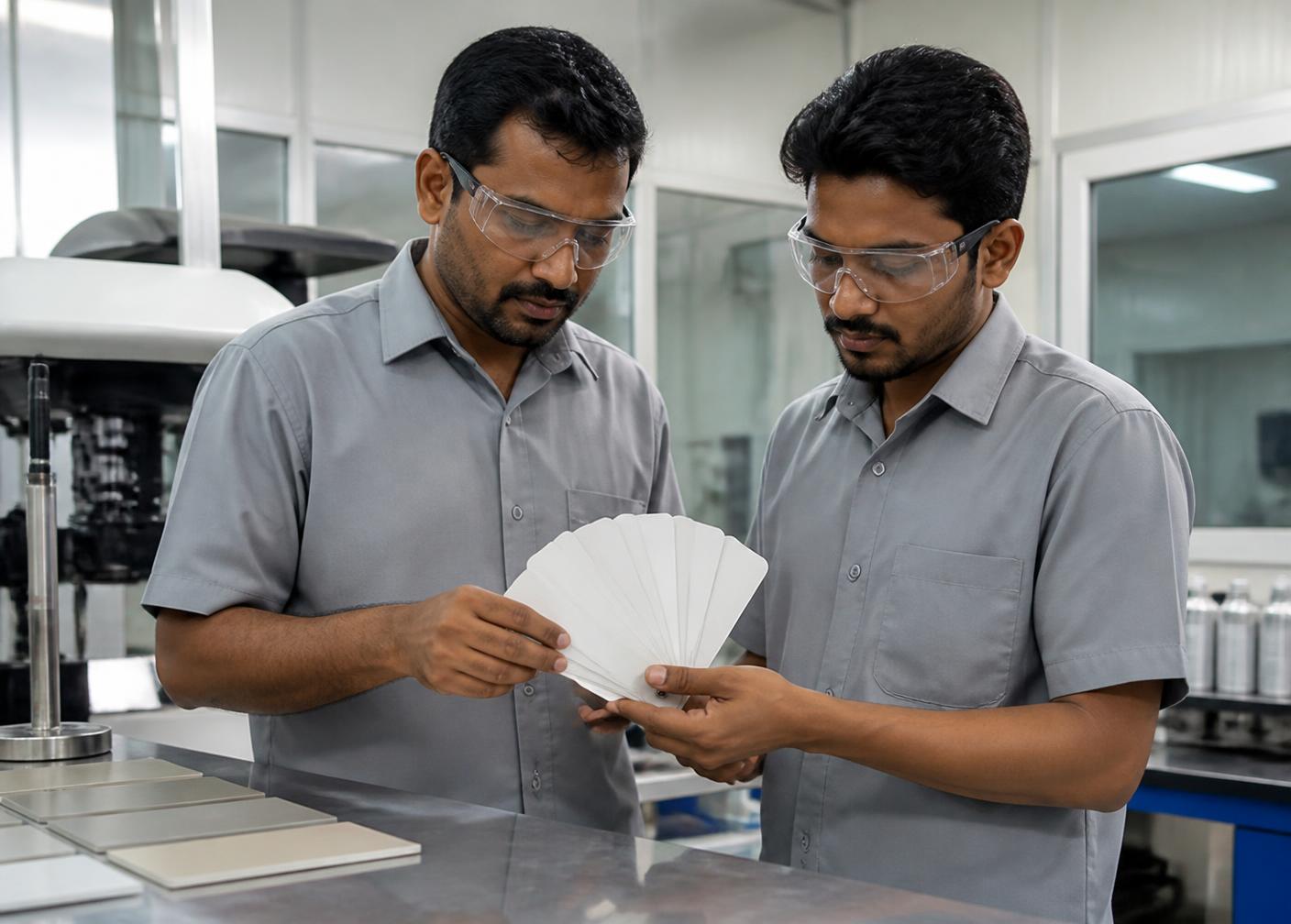 Pigma quality control technicians checking paint shades at the Ajmer plant